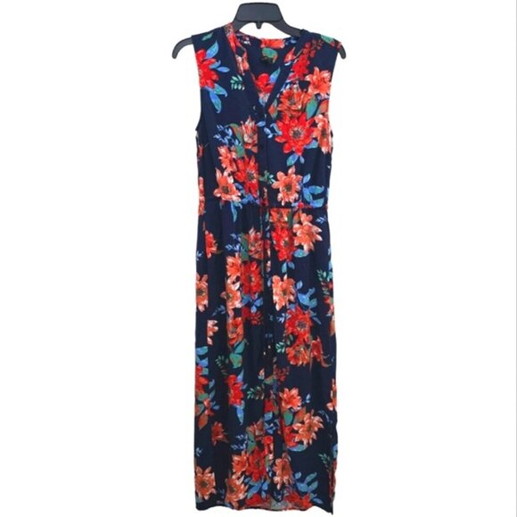 Talbots Women's Floral Tropical Blue Coral Long Dress 10 Drawstring V Neck - Picture 2 of 6
